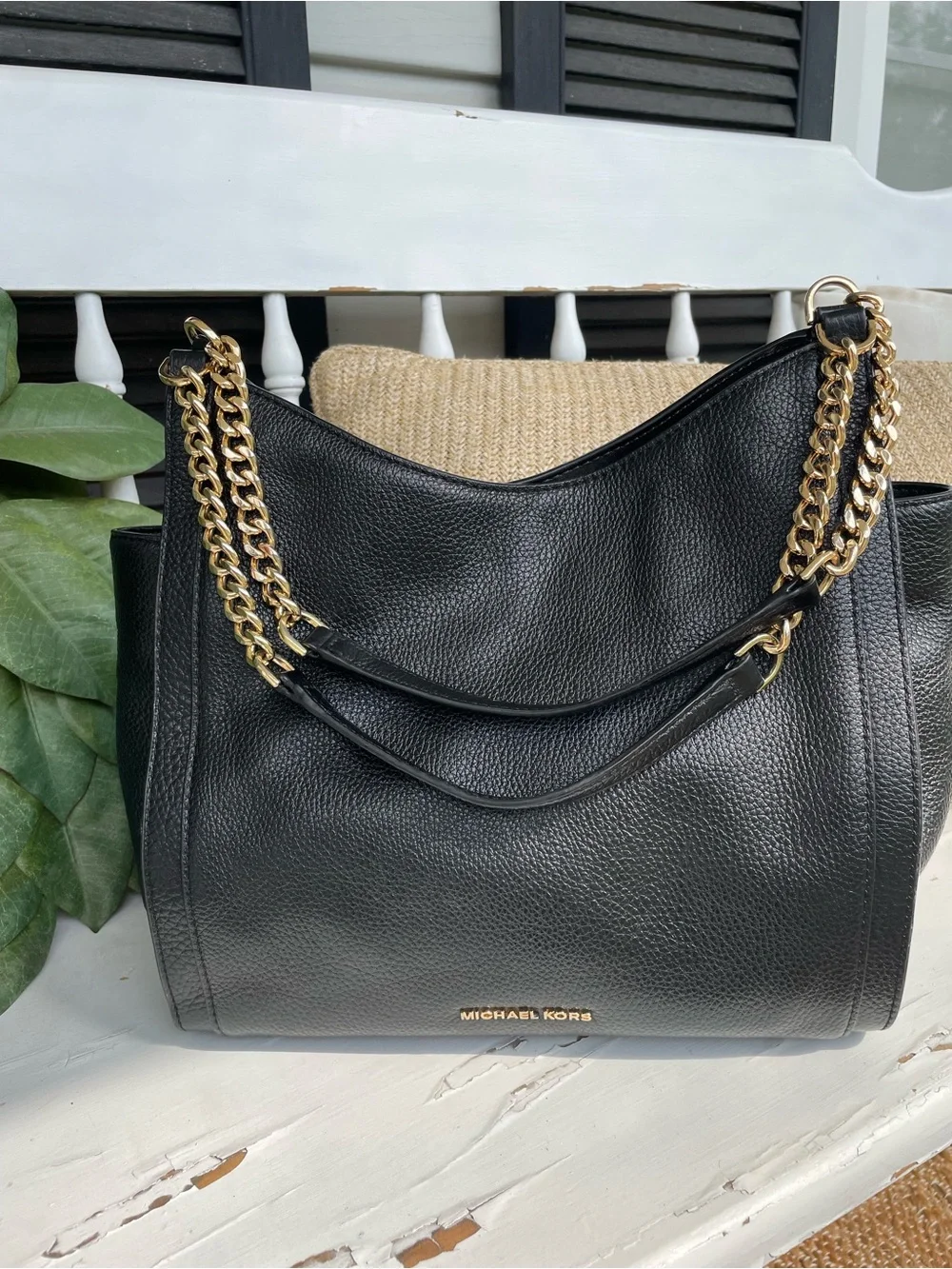 Michael Kors Newbury Medium Chain Black Pebbled Leather Shoulder Tote